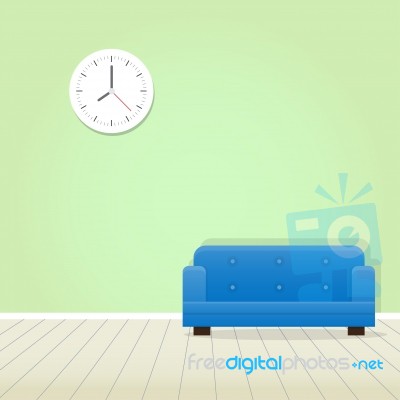 Clock On Green Wall And Blue Sofa Minimal Stock Image