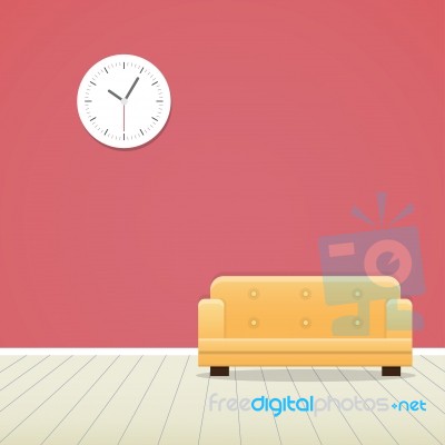 Clock On Red Wall And Yellow Sofa Minimal Stock Image