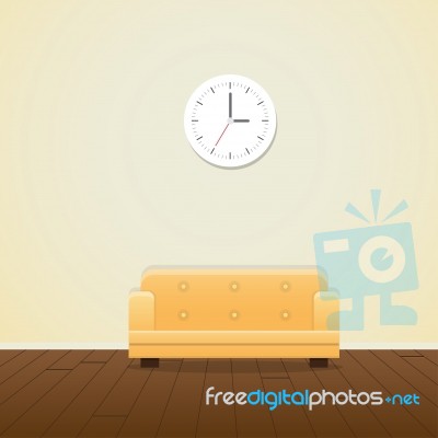 Clock On Yellow Wall And Yellow Sofa Minimal Stock Image