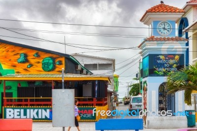 Clock Tower In San Pedro Main Square Belize Stock Photo