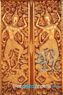 Close Golden Carve Door Of Church Stock Photo