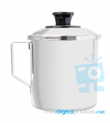 Close Stainless Cup With Handle On White Background Stock Photo