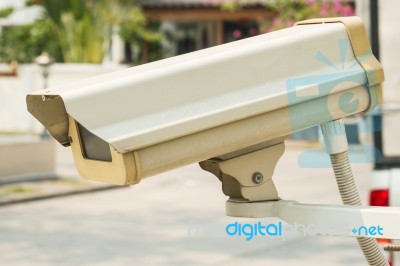 Close-up Cctv Camera In Front Of The Village, Residence Stock Photo