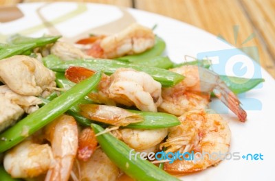 Close-up Fried Shrimp, Pork And Sweet Peas Stock Photo