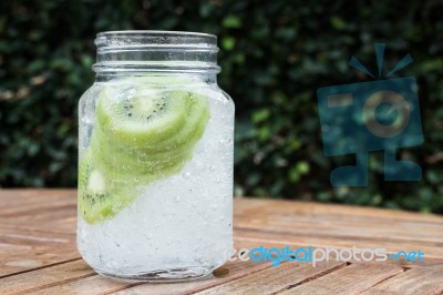 Close-up Glass Of Iced Kiwi Soda Drink Stock Photo