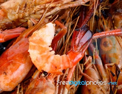 Close Up Grilled Shrimp With Flames Stock Photo