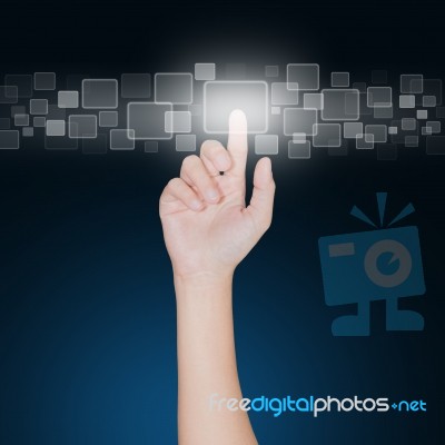 Close Up Hand Click On Button Future Technology Concept Stock Photo