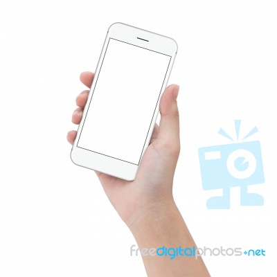 Close-up Hand Hold Phone Isolated On White, Mock Up Smartphone B… Stock Photo