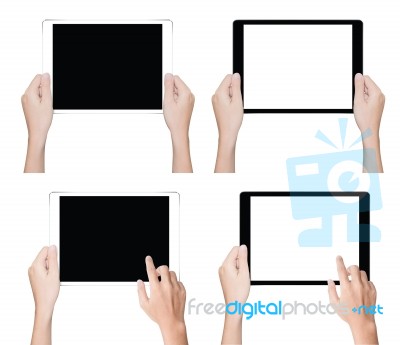 Close Up Hand Holding Tablet Isolated White Clipping Path Inside… Stock Photo