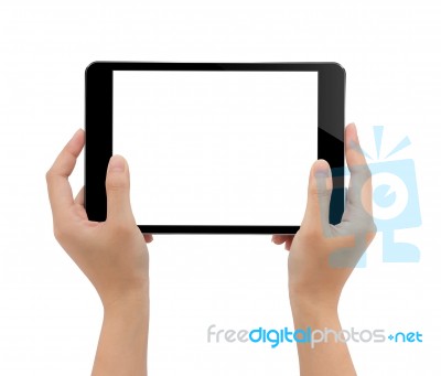 Close-up Hand Holding Tablet, Mock-up Black Digital Tablet Isola… Stock Photo