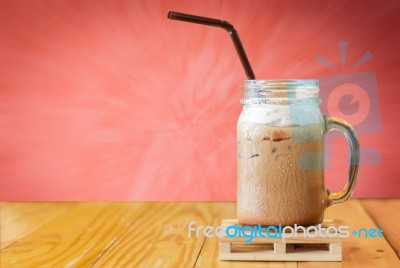 Close Up Iced Coffee On Wood Table Stock Photo