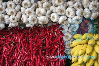 Close-up Of A Fruit And Vegetable Stall In Funchal Covered Marke… Stock Photo