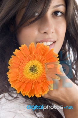 Close Up Of Beautiful Model With Gerbera Stock Photo