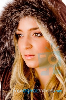 Close Up Of Beautiful Woman Wearing Hood Jacket Stock Photo