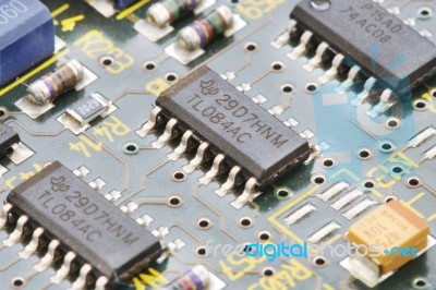 Close Up Of Electronic Circuit Board With Processor Stock Photo