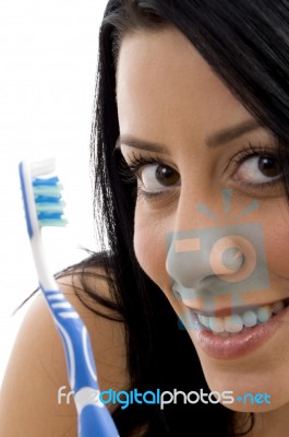 Close Up Of Female With Toothbrush Stock Photo