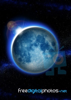 Close Up Of Full Blue Moon With Star On Black Space Background, Blue Lunar In Dark Night Sky Stock Photo