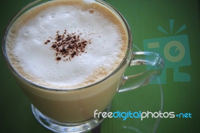 Close Up Of Hot Cappuccino Coffee In Cup Stock Photo