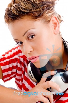 Close Up Of Pretty Woman With Headphones Stock Photo