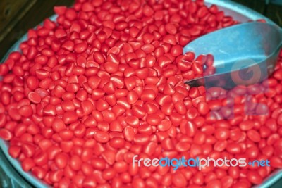 Close Up Of Red Sugar Candies Stock Photo