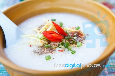 Close Up Of  Rice Porridge In Ceramic Bowl Stock Photo