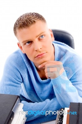 Close Up Of Thinking Young Professional Looking Upward Stock Photo