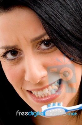 Close Up Of Woman Brushing Her Teeth With White Background Stock Photo