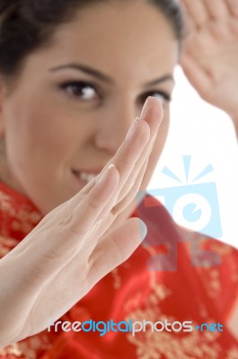 Close Up Of Woman Showing Karate Gesture Stock Photo