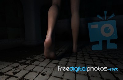 Close Up Of Woman's Legs Walking To Bathtub In The Dark Stock Image