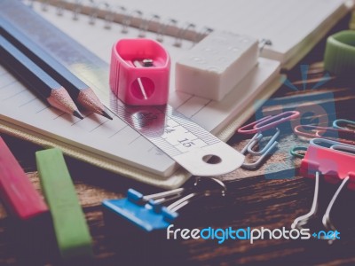 Close Up Office Supplies On Wood Table Made Vintage-retro Style Stock Photo