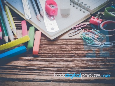 Close Up Office Supplies On Wood Table Made Vintage-retro Style Stock Photo