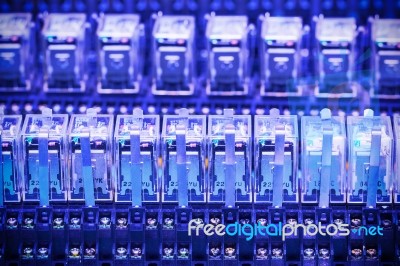 Close Up Row Of Relay Actuators Stock Photo