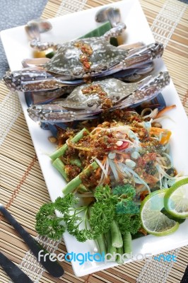 Close Up Sand Crab With Papaya Salad Stock Photo