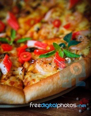 Close Up Shrimp On Sea Food Pizza Ready For Eating Stock Photo