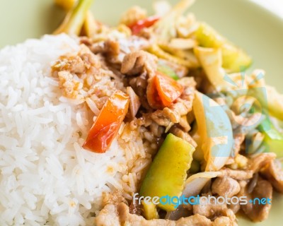 Close Up Thai Food With Steam Rice Stock Photo