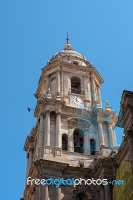 Close-up View Of The Belfry Of Malaga Cathedral Stock Photo