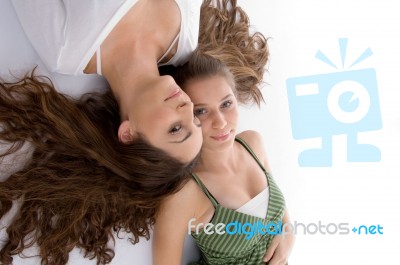 Close Up View Young Two Cute Friends Stock Photo