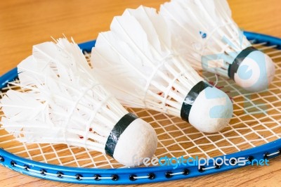 Close Up White Shuttlecock On Wooden Background Stock Photo