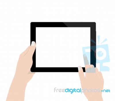 Close Up Woman Hand Using Digital Tablet Technology Blank Screen Display On White Background Stock Image