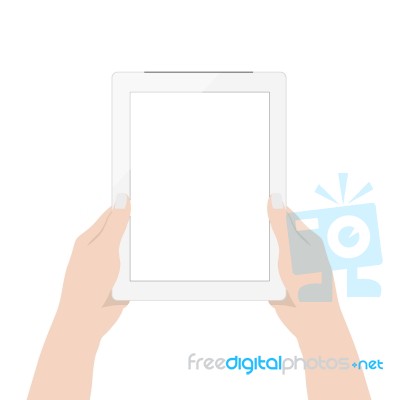 Close Up Woman Hand Using Digital Tablet Technology Blank Screen Display On White Background Stock Image