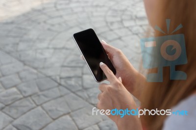 Close Up Woman Touch On Phone Modern Lifestyle In City Stock Photo