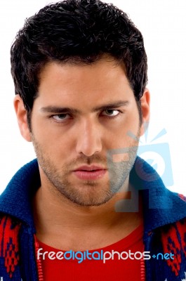 Close View Of Handsome Model Looking At Camera Stock Photo