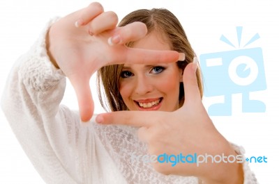 Close View Of Smiling Woman Showing Framing Hand Gesture Stock Photo