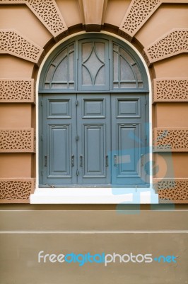 Closed Old Blue Wooden Windows White Frame Stock Photo