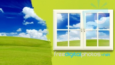 Closed Window With Green Nature Stock Image