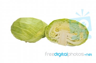 Closeup Cabbage And Cutted Cabbage On Wooden Isolated White Background Stock Photo