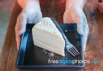 Closeup Cheese Cake On Black Plate Stock Photo