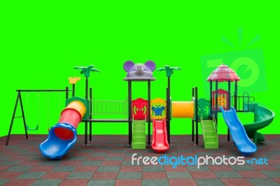 Closeup Colorful Playground With Prevent Injuries Yard On Isolated Green Background Stock Photo