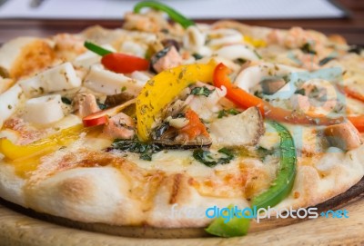 Closeup Delicious Pizza With Seafood Stock Photo