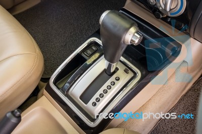 Closeup Detail Of Modern Car Interior. Automatic Transmission Car Select Focus Stock Photo